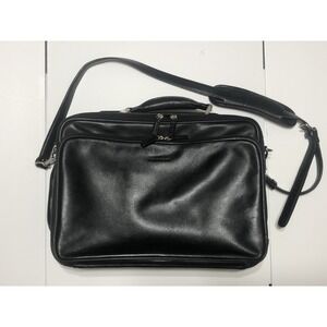 LEVENGER Black Leather Laptop Expandable Briefcase Silver NICKLE‎ Hard Ware USA